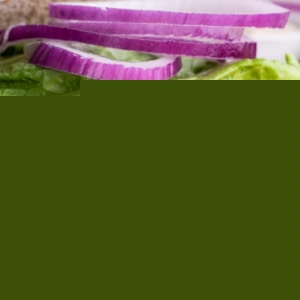 Close up image of a turkey burger on a plate with chipotle yogurt sauce, onion, tomato, and lettuce, ready to eat.