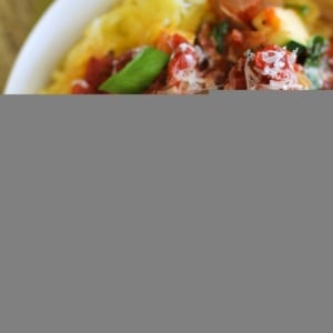 Big bowl of spaghetti squash marinara, ready to serve