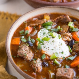 Two large bowls full of steak chili with beans and fresh vegetables. Ready to serve.