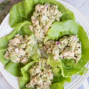 Tuna Lettuce Wraps on a white plate with a blue stripe napkin to the side. Ready to eat.
