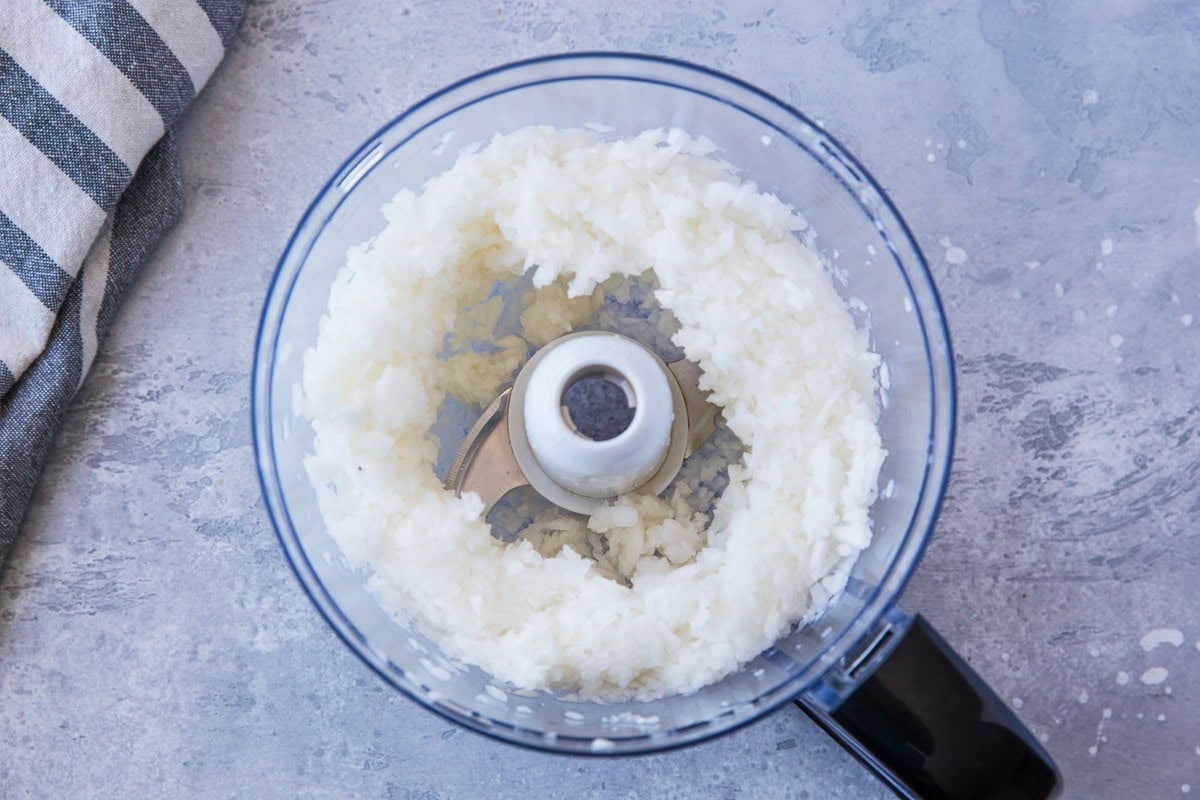 food processor with turnip rice, freshly pulsed