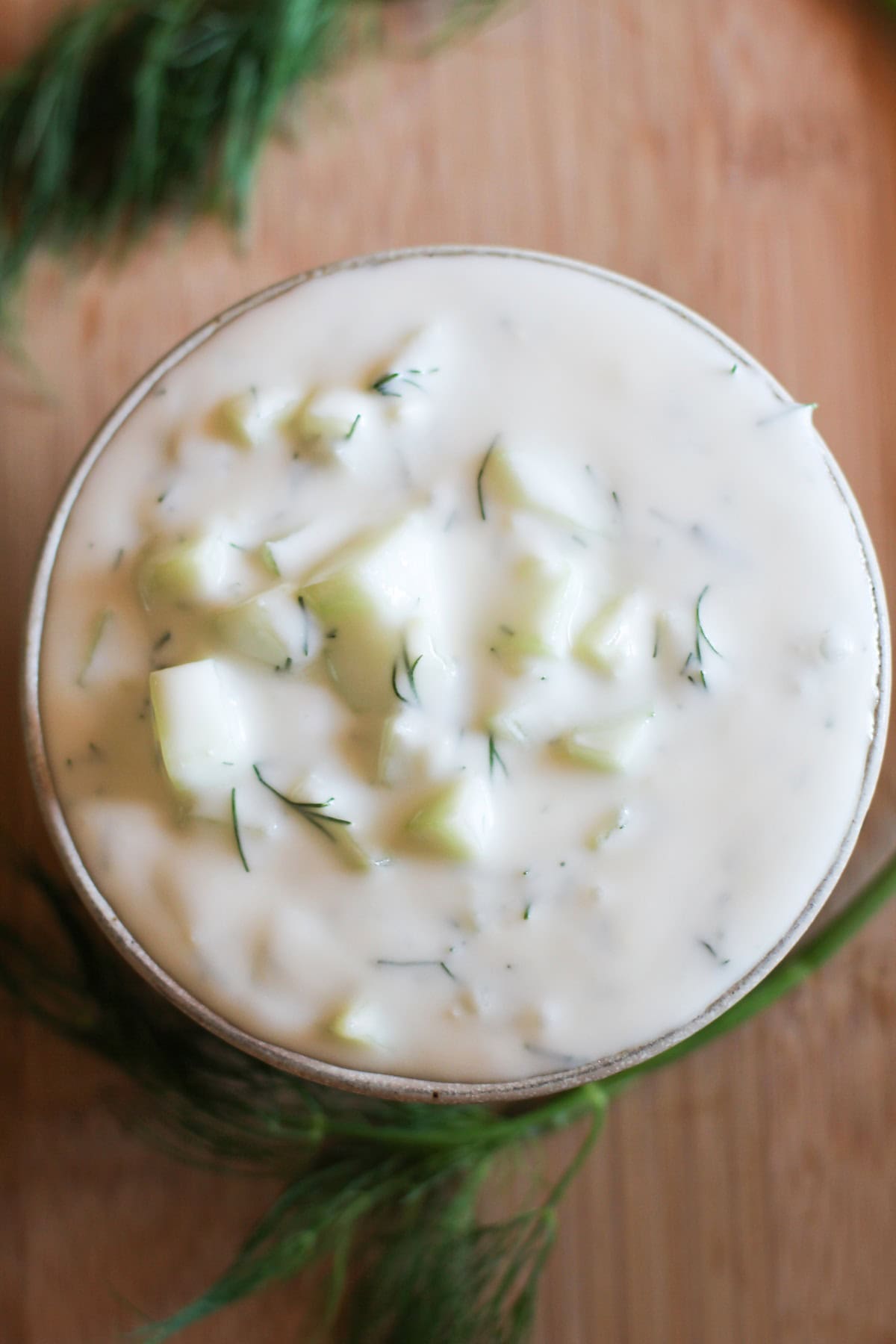 Bowl of tzatziki sauce, ready to use.