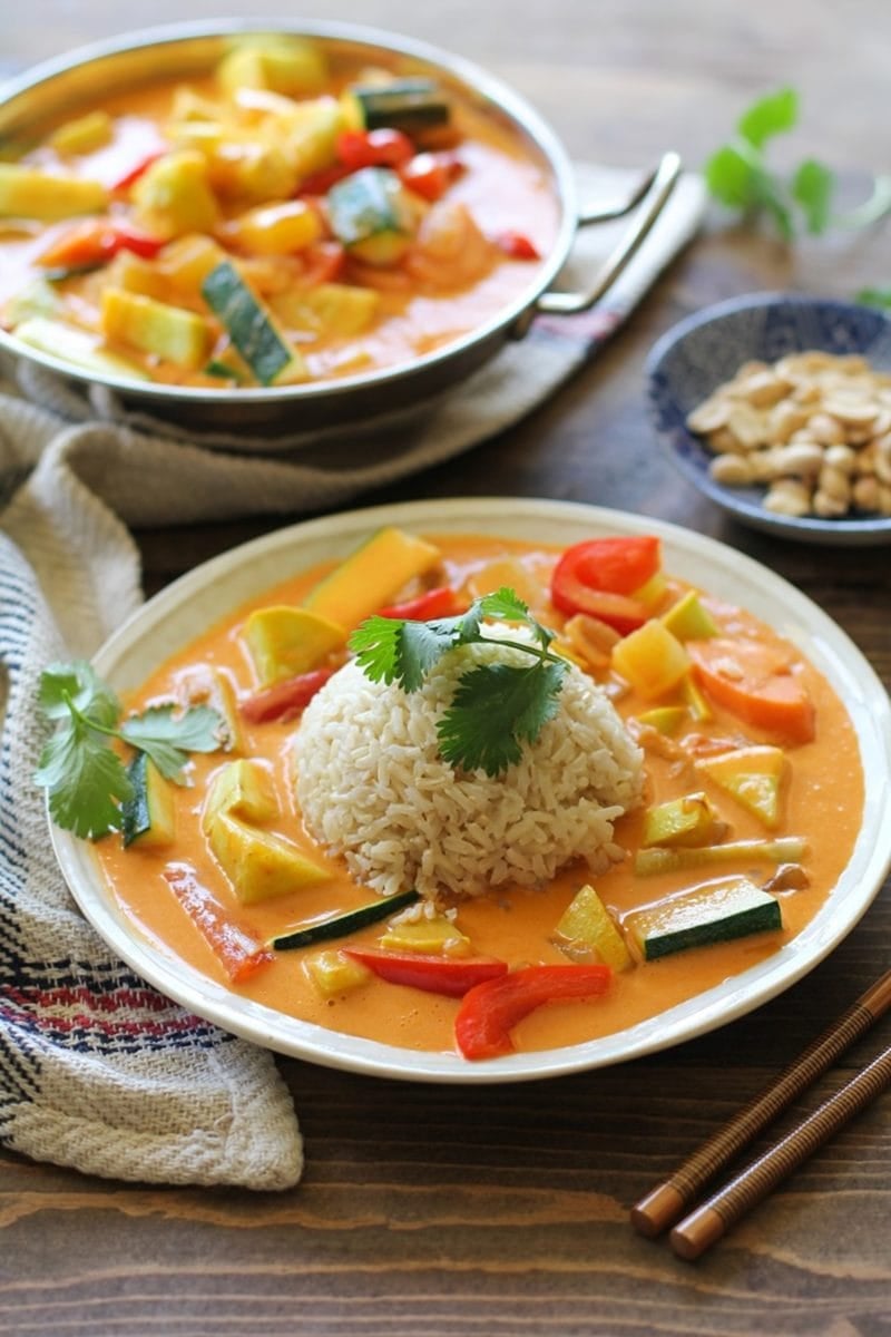 Bowl of vegetable red curry with a scoop of rice in the middle sitting on a wood table with chop sticks and a burlap napkin.