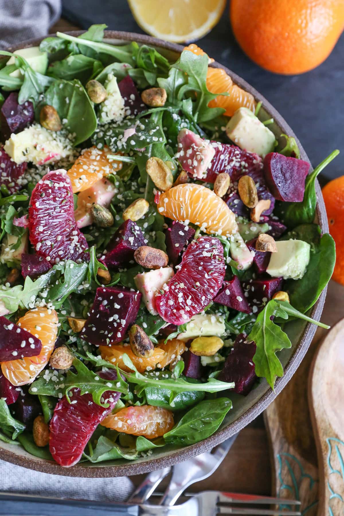 Citrus Roasted Beet Salad with avocado, pistachios, hemp seed, and lemon dressing - a vitamin-packed adventure for a clean meal #vegan #paleo #healthy
