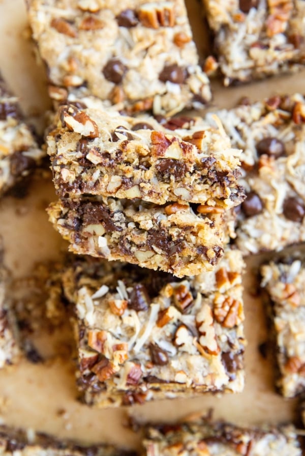 Stack fallen over of cookie bars, revealing the centers of the bars.