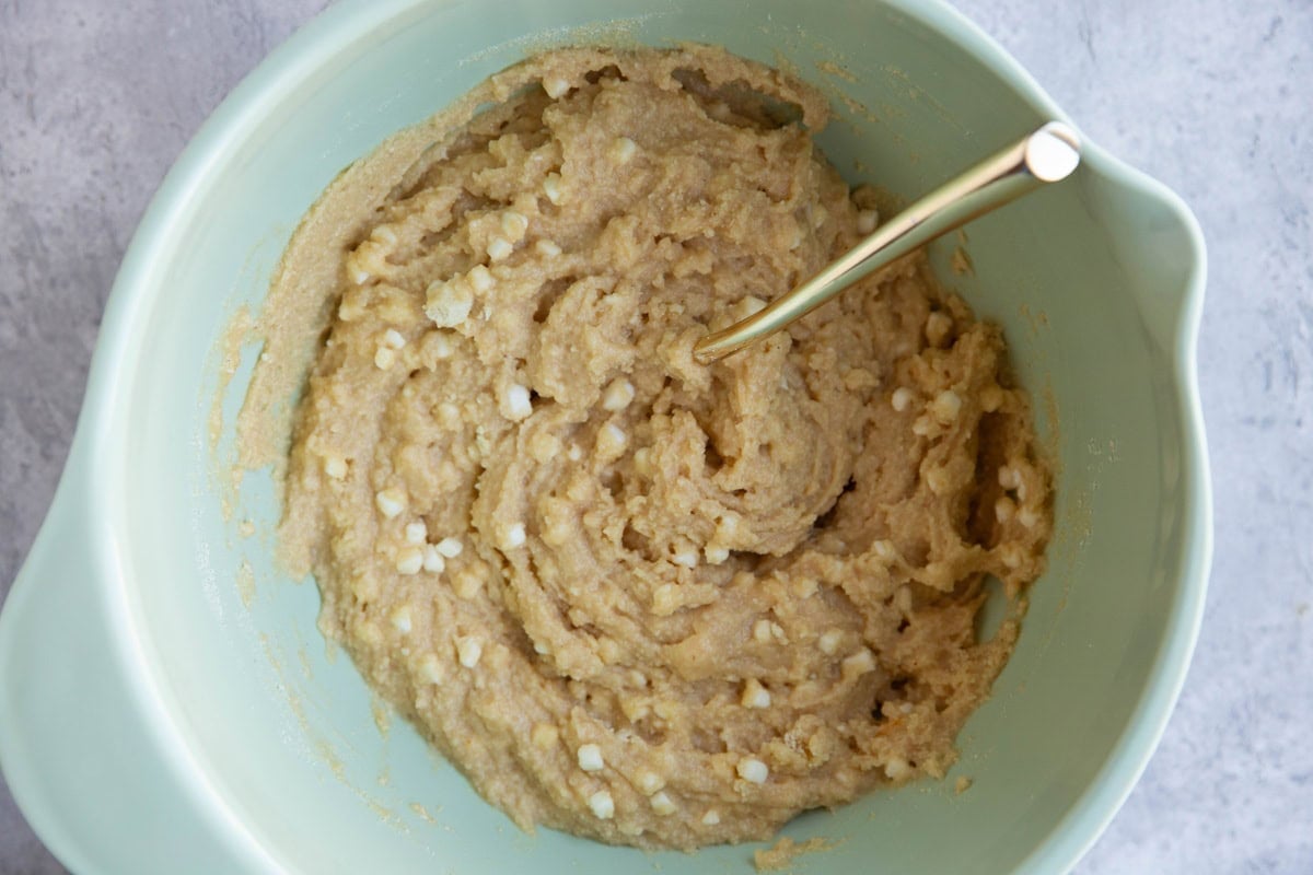 Cinnamon roll bread batter in a mixing bowl.