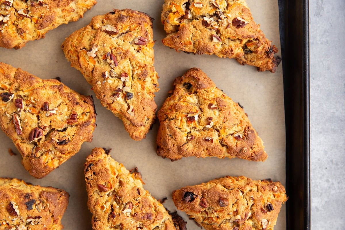 Baking sheet of carrot scones, fresh out of the oven.