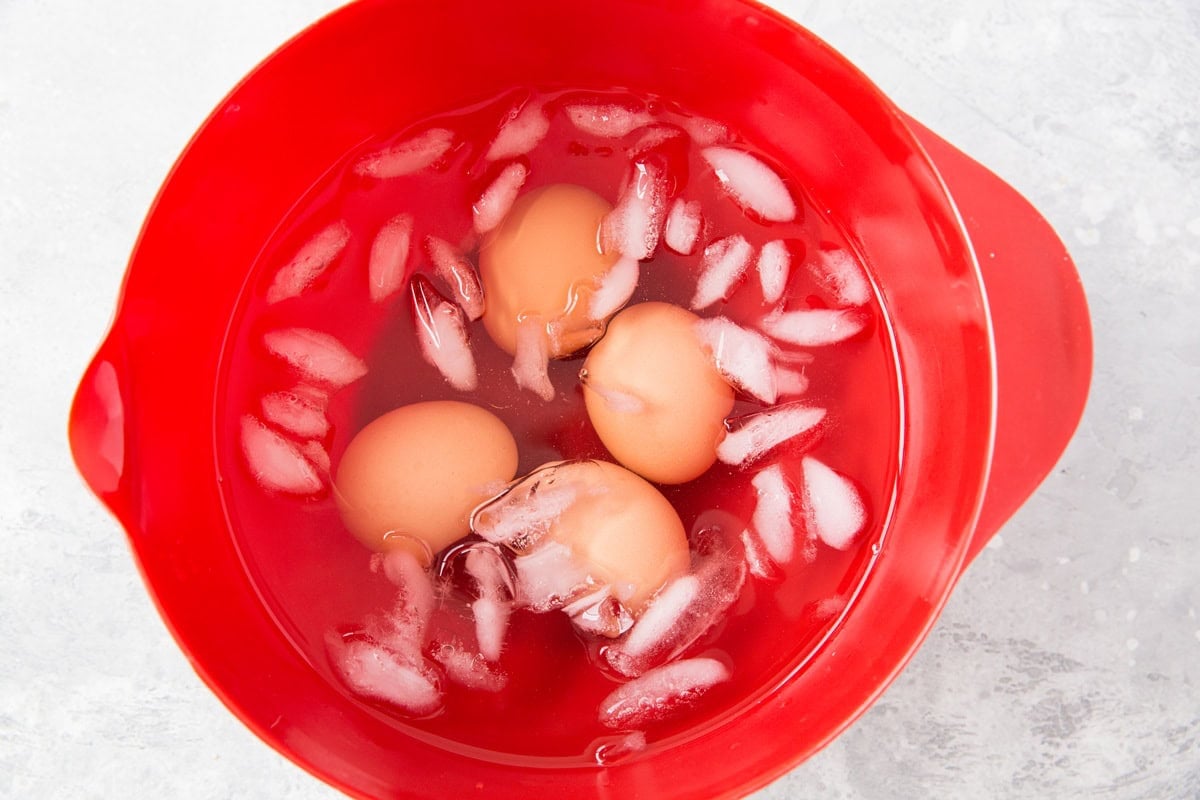 Eggs chilling in an ice bath to make them easier to peel