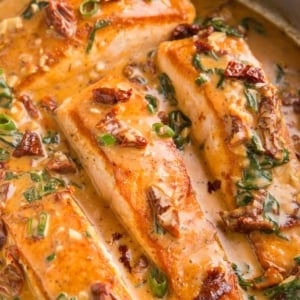 Four cooked salmon filets in a stainless steel skillet with creamy sun-dried tomato sauce. Ready to serve.