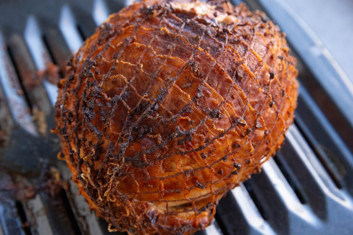 Turkey roast fresh out of the oven with the netting still attached.