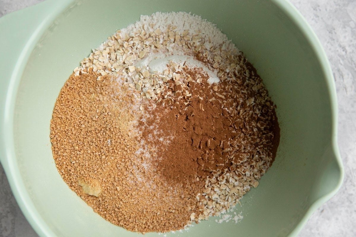Ingredients for crumble topping in a mixing bowl.