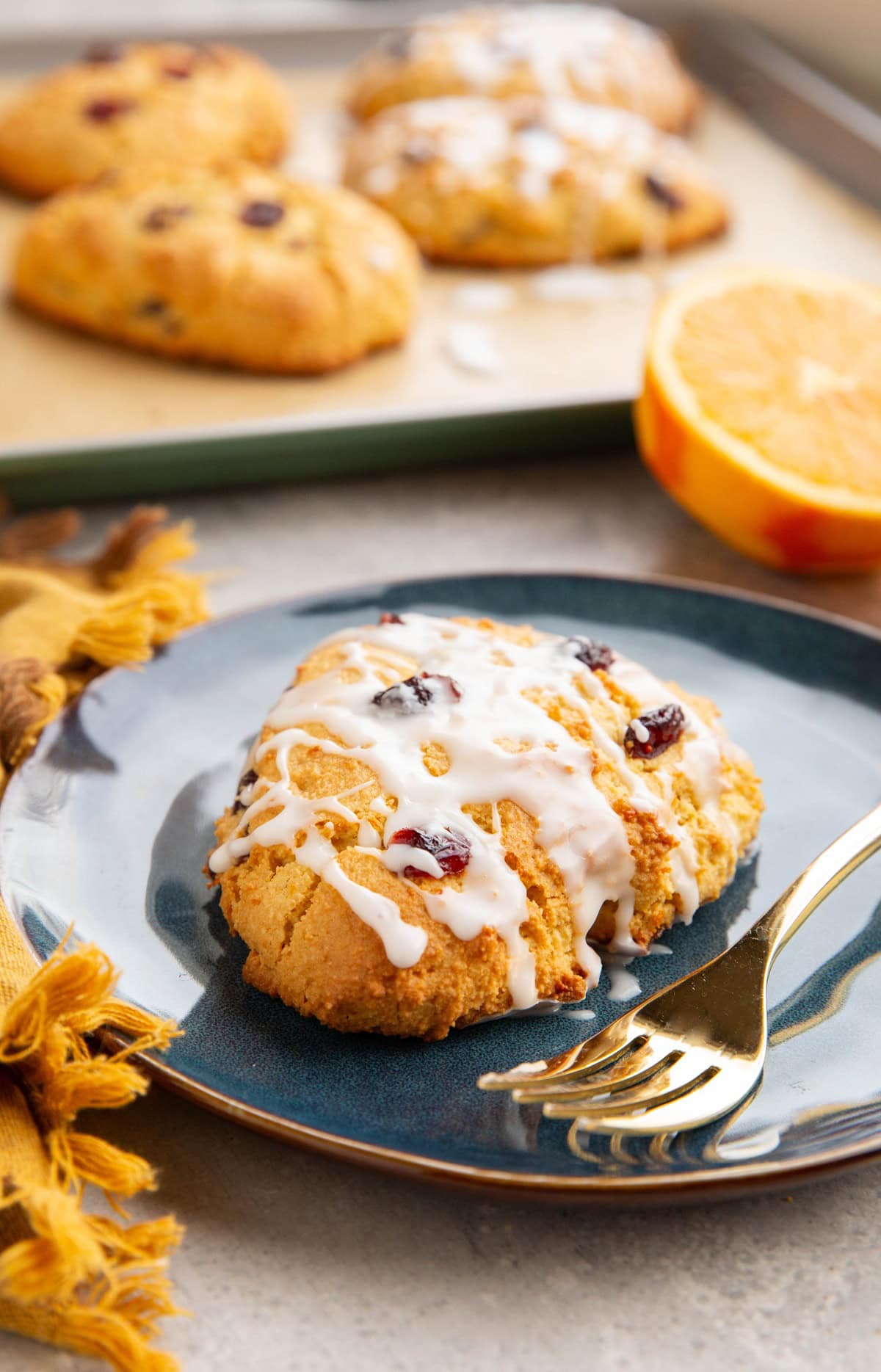 Blue plate with a cranberry orange scone on top and the baking sheet of the rest of the scones in the background.
