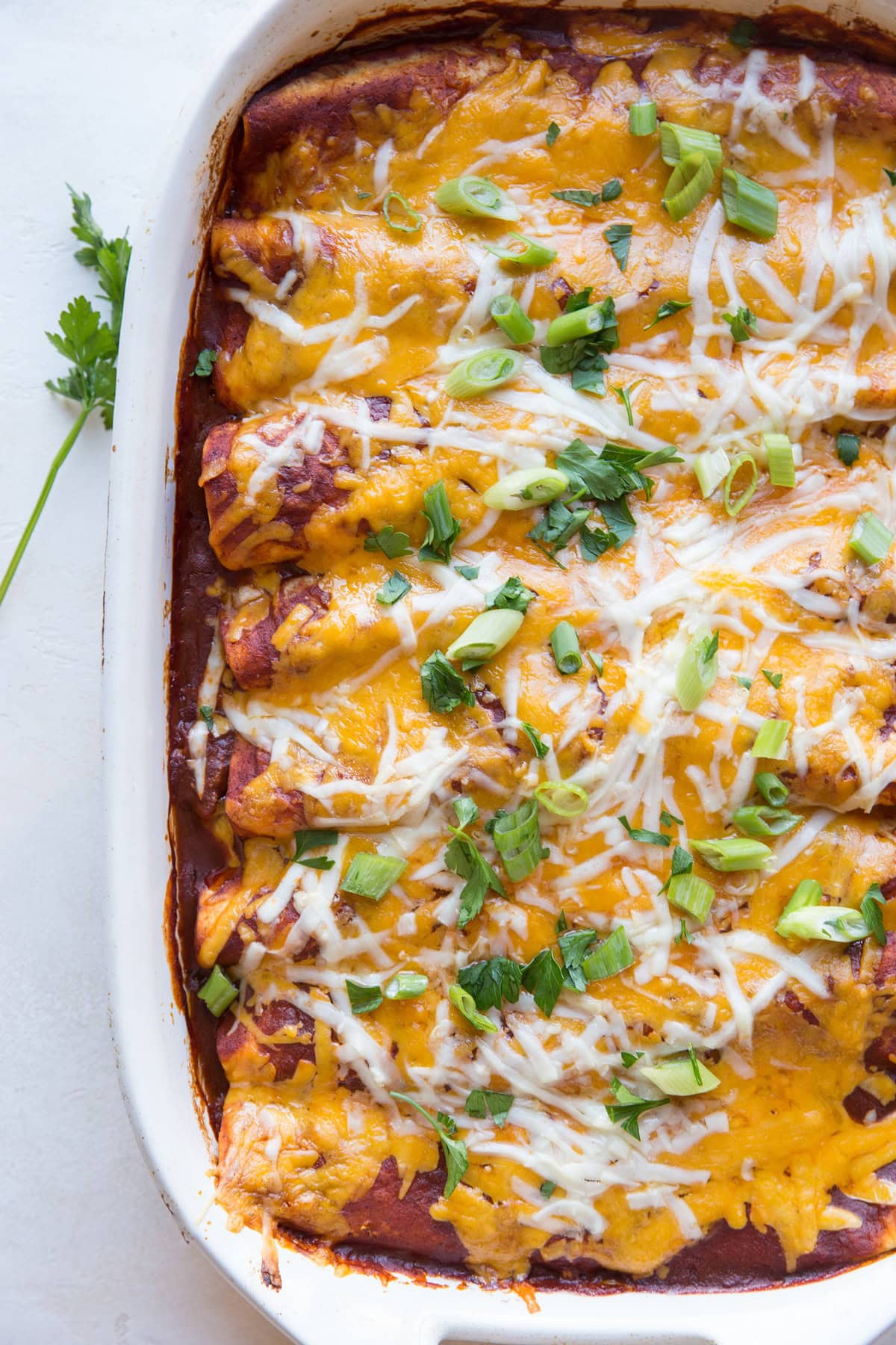 Casserole dish full of pork enchiladas with shredded cheese, chopped green onions, and parsley on top. Fresh out of the oven and ready to serve.
