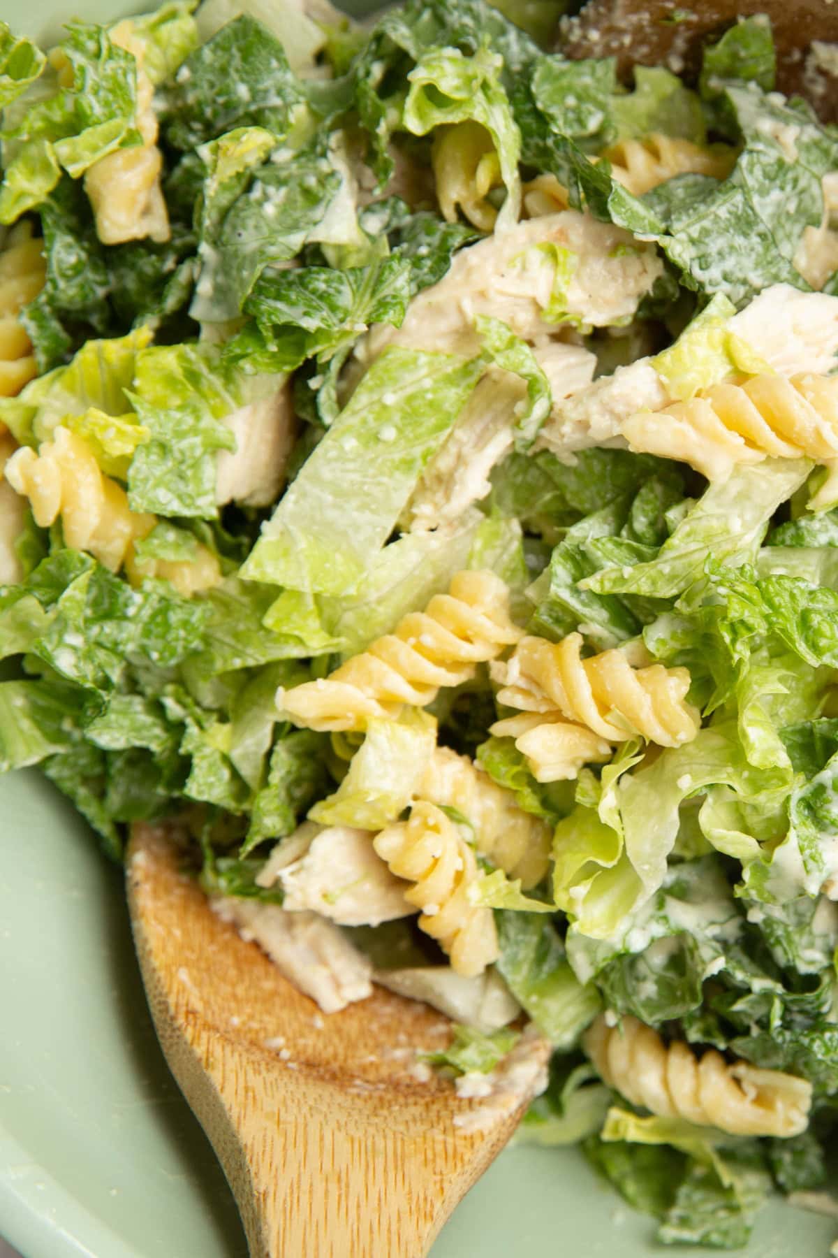 Chicken Caesar pasta salad in a large mixing bowl with two wooden spoons, ready to serve.